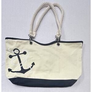 Thirty One Canvas Crew Anchor Tote Bag Double Handle Navy Blue & Cream 31 EUC